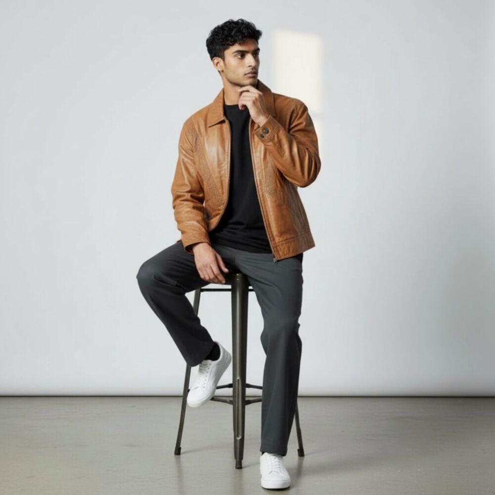 Vintage Gino di Giorgio Brown 1980s Bomber Brown Leather Jacket - Medium